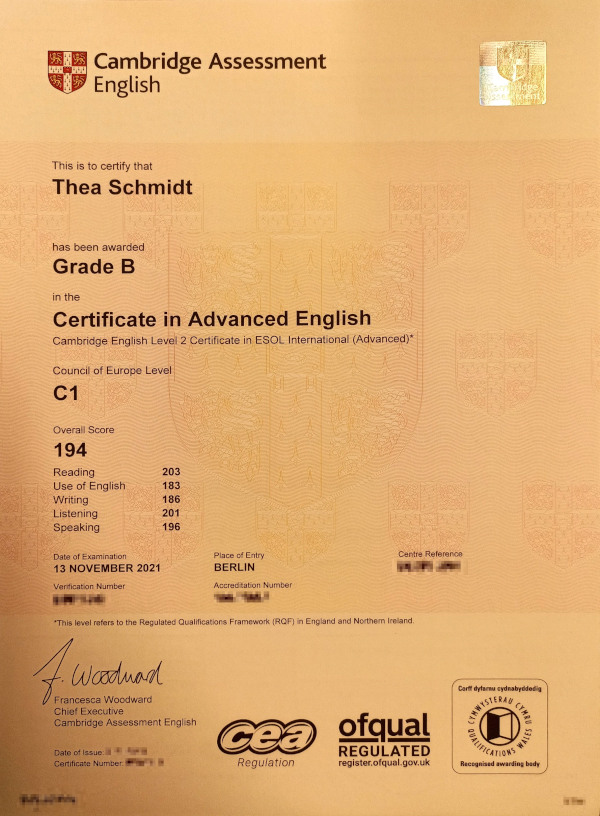 Cambridge Zertifikat Thea Schmidt